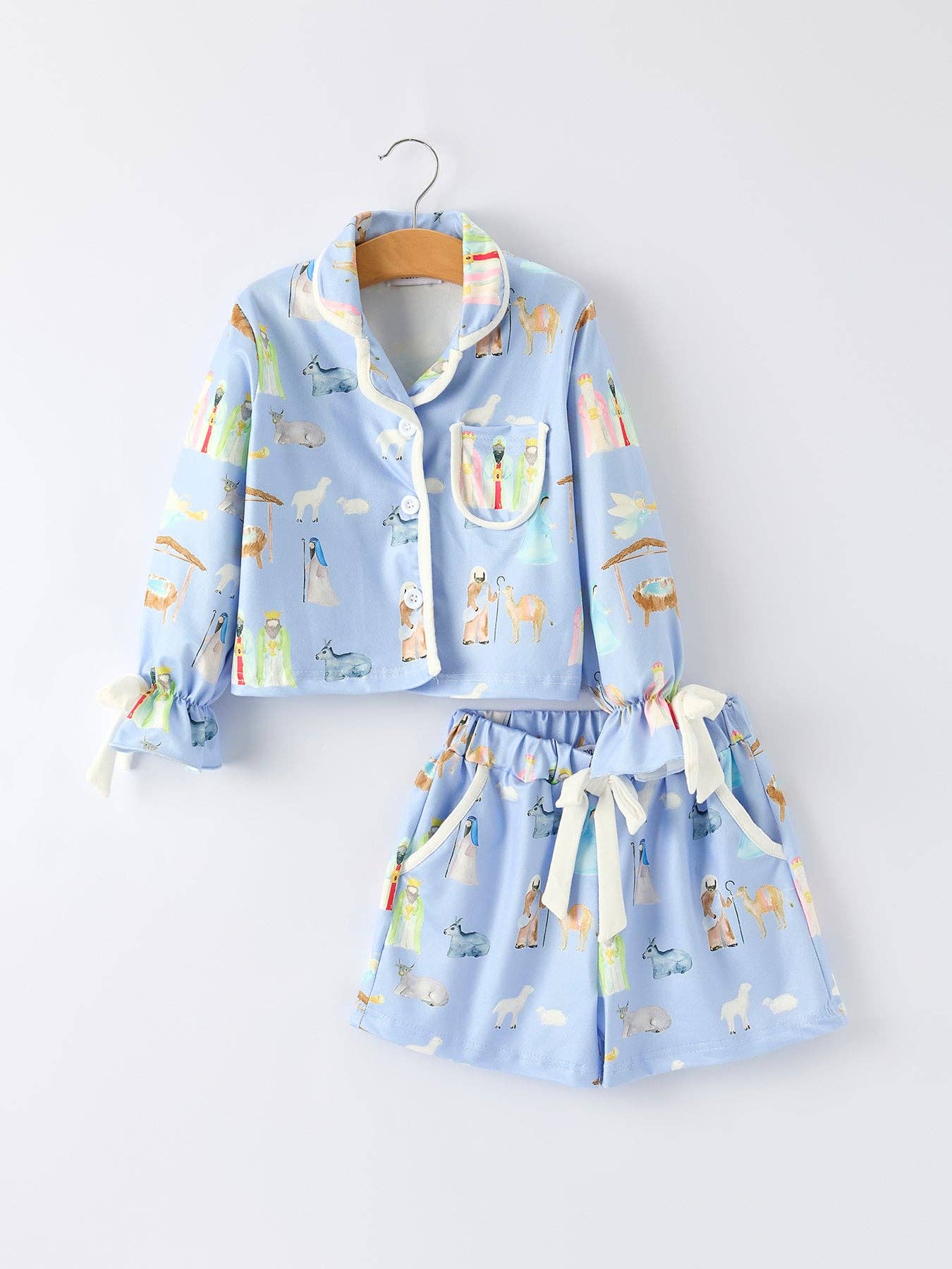 PREORDER: Blue Christmas Nativity Pattern Girls Pajamas Set