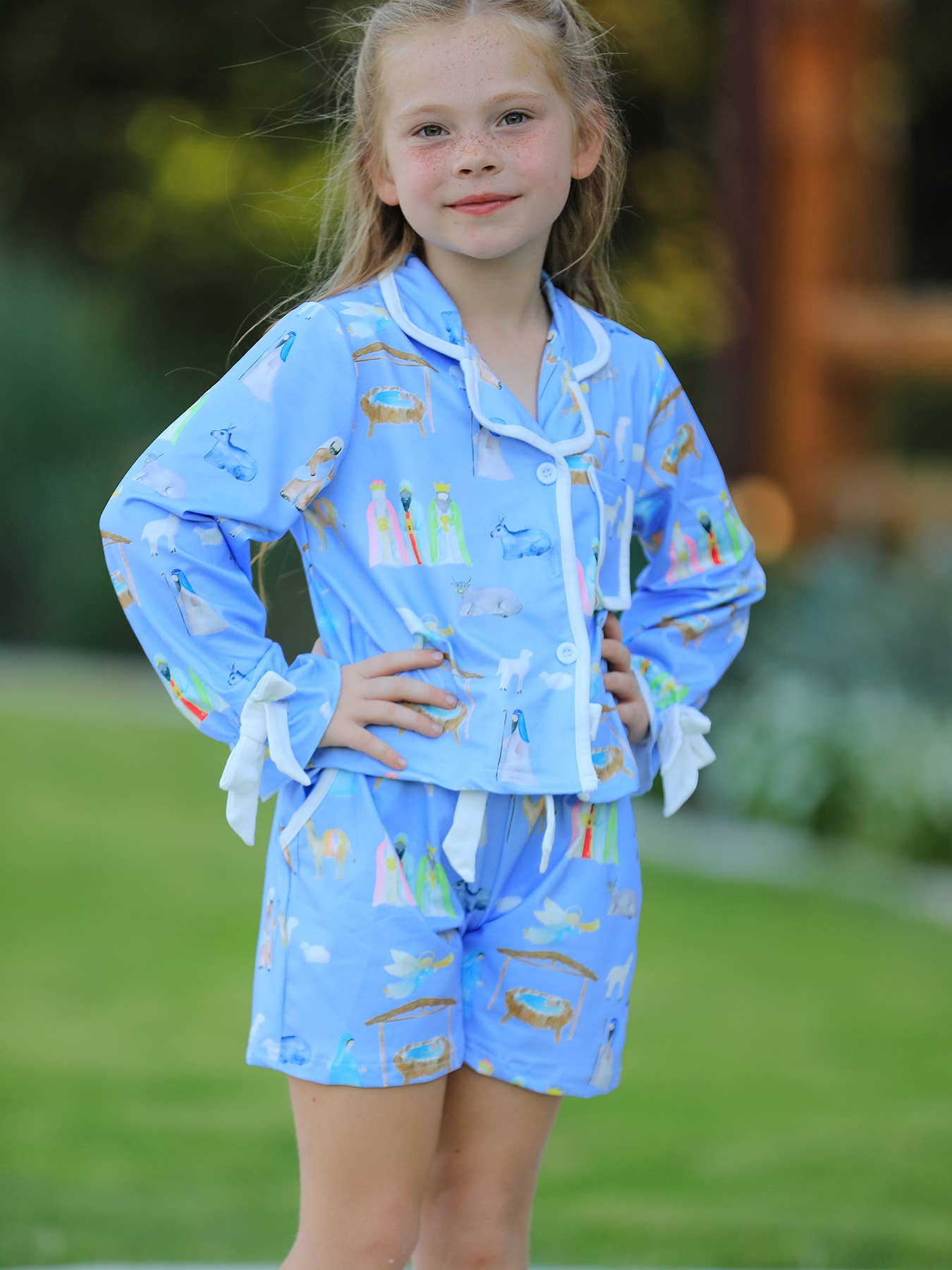 PREORDER: Blue Christmas Nativity Pattern Girls Pajamas Set