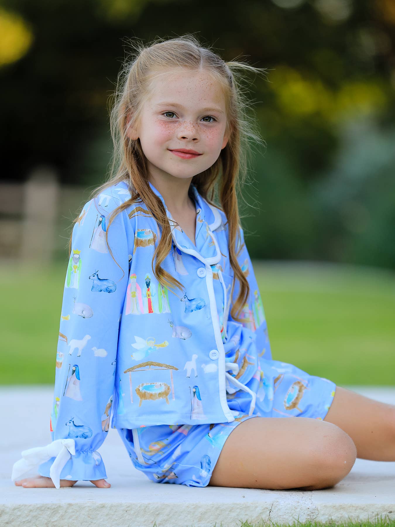 PREORDER: Blue Christmas Nativity Pattern Girls Pajamas Set