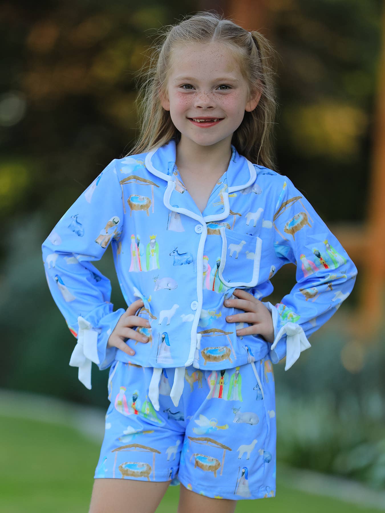 PREORDER: Blue Christmas Nativity Pattern Girls Pajamas Set
