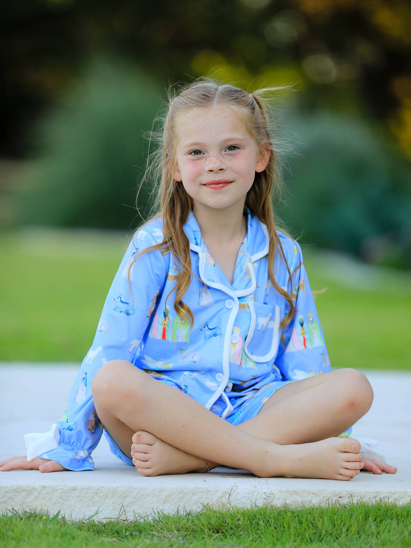 PREORDER: Blue Christmas Nativity Pattern Girls Pajamas Set